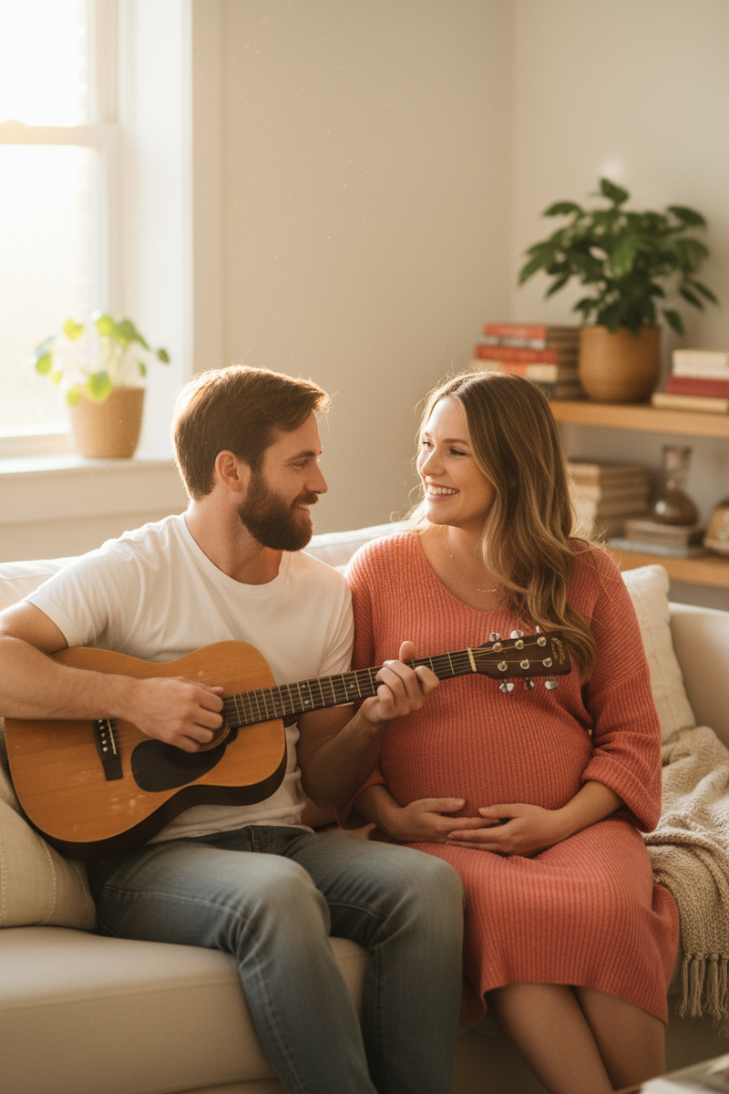 Pregnant couple enjoying music